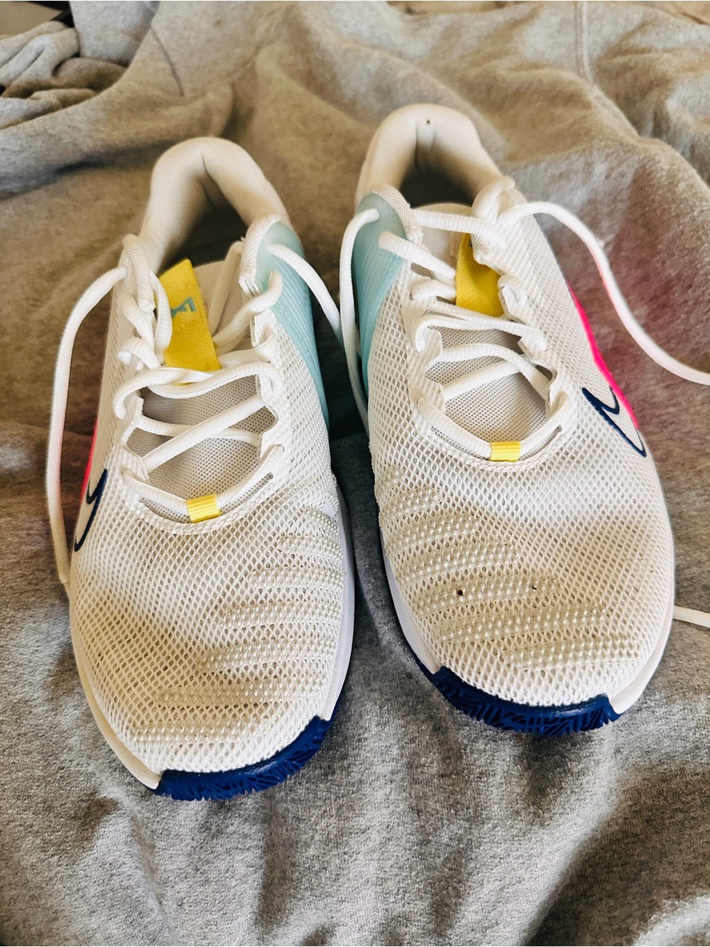 Nike Women’s White Sneakers with Blue, Pink & Yellow Accents